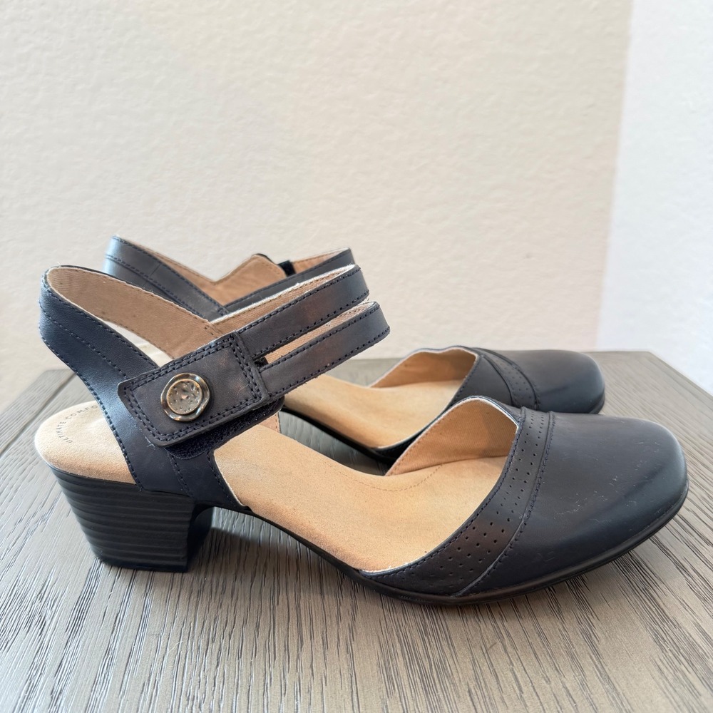Clarks Collection Navy Leather Ankle Strap Comfort Heels Shoes Womens 9.5
